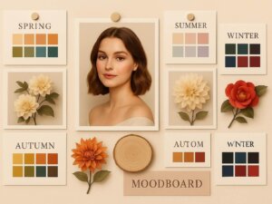 Moodboard met kleurpaletten voor de vier seizoentypes (lente, zomer, herfst en winter), inclusief bloemen, kleurstalen en een portret van een vrouw – zachte, natuurlijke kleuren en een elegante uitstraling.